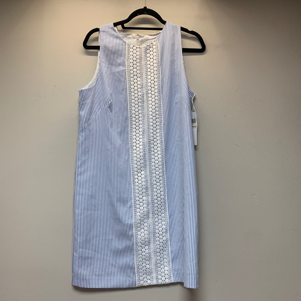 London Times Seersucker Shift Dress Womens 12 Blue White NWT Crochet Lace T2073M